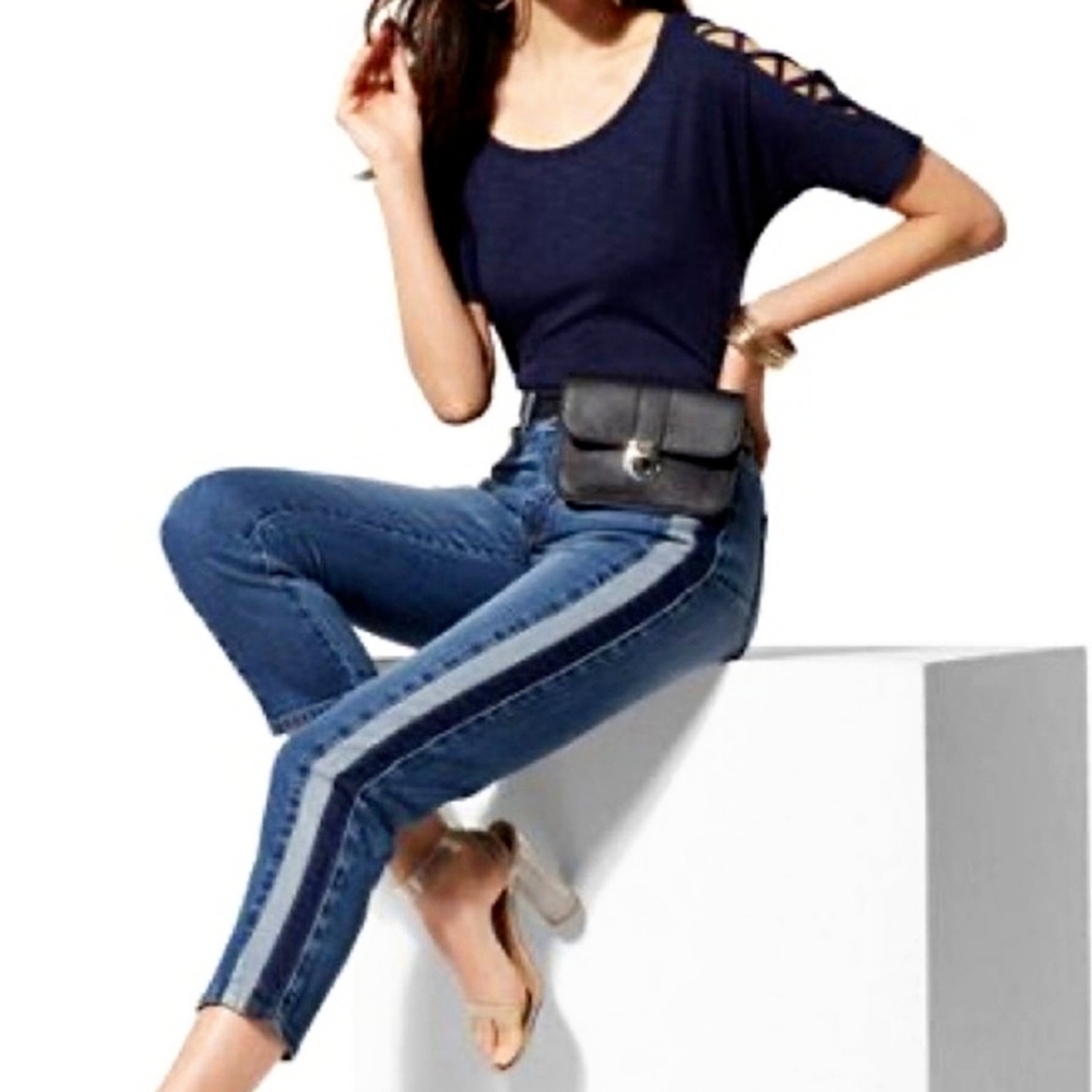 NY&C Soho High Waist Straight Crop Stretch Jeans WithSide Stripes, Size 12